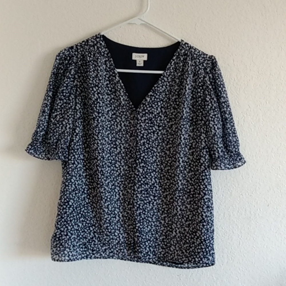 J Crew Factory V-Neck Puff Sleeve Blouse in Antique Navy